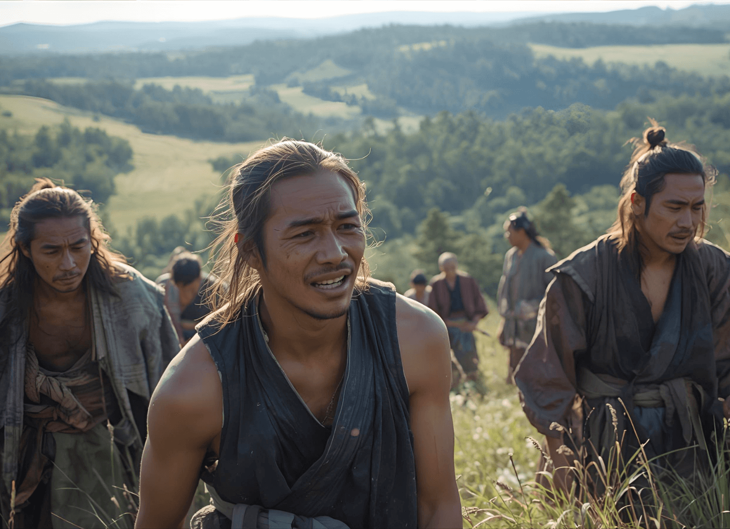 アテルイとモレを見送る蝦夷の人々。草原の中、奥に平野が広がる。