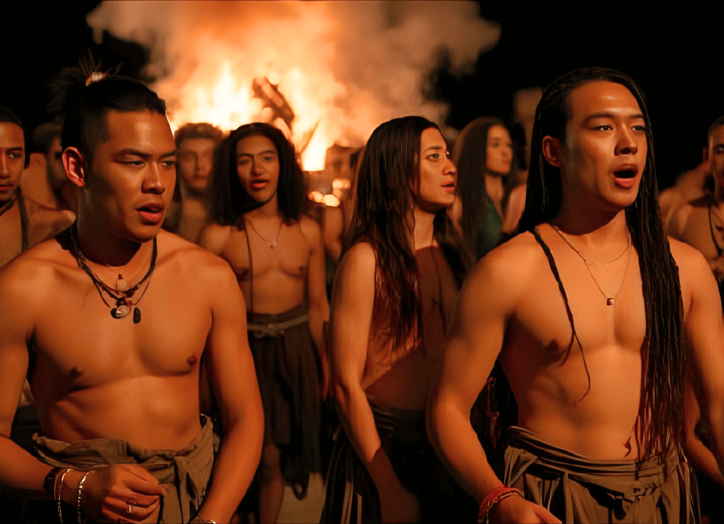 質素な着物や上半身裸の男性たち。夜、奥には大きく燃え上がる焚き火。戦いに疲れ、戸惑う蝦夷の人々の様子。