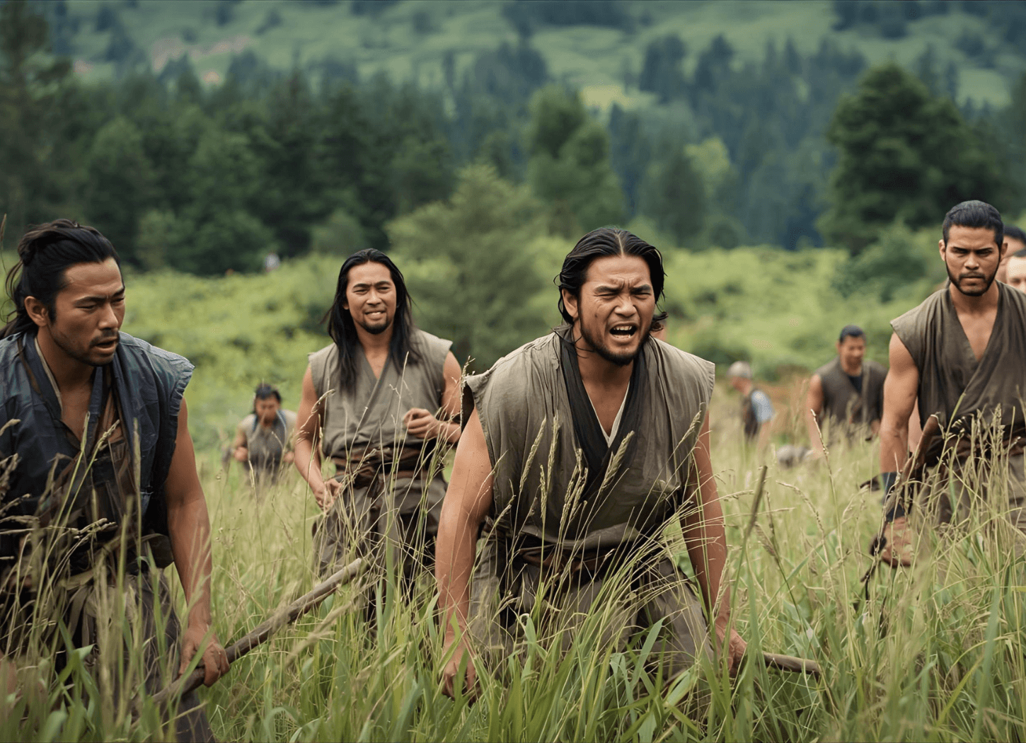 袖のない着物を着た男性たちが、鎮痛な面持ちで必死に叫んでいる。投降するアテルイとモレを見送る蝦夷の人々。草原の向こうに木々と平野が広がる。