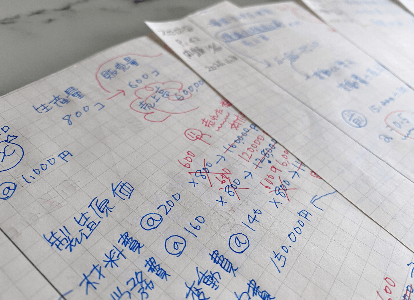 製造原価や単価の計算が書き込まれたルーズリーフをアップで撮影した、中小企業診断士の学習ノート