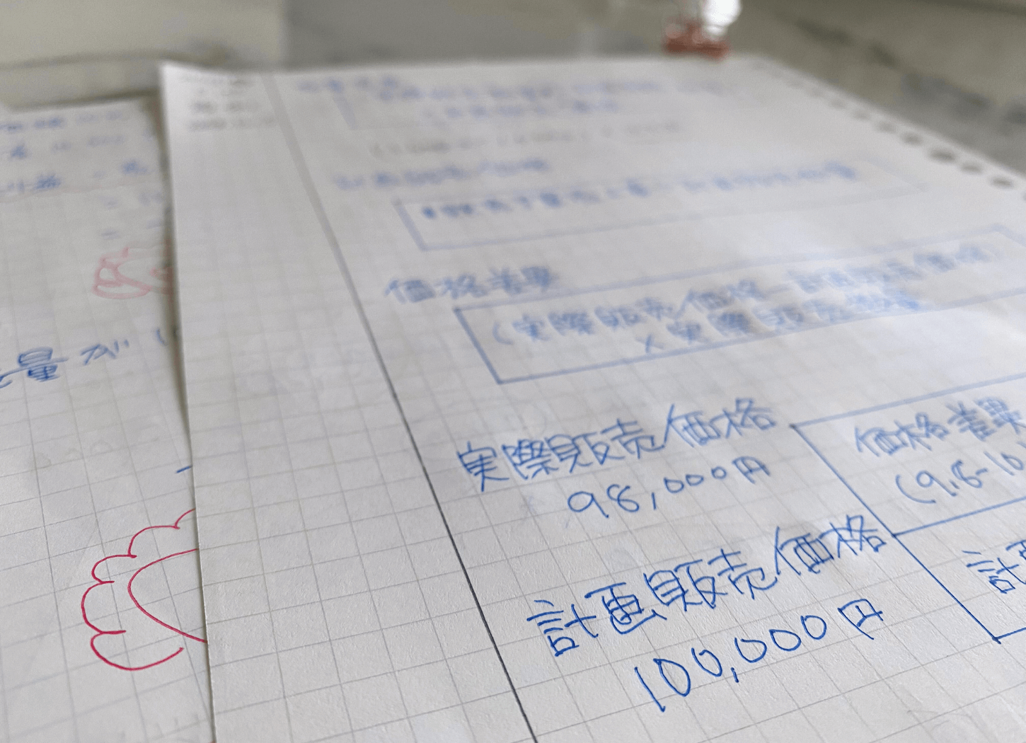 青いペンで実際販売価格や計画販売価格などの用語が書き込まれたルーズリーフのアップ。中小企業診断士の学習の様子