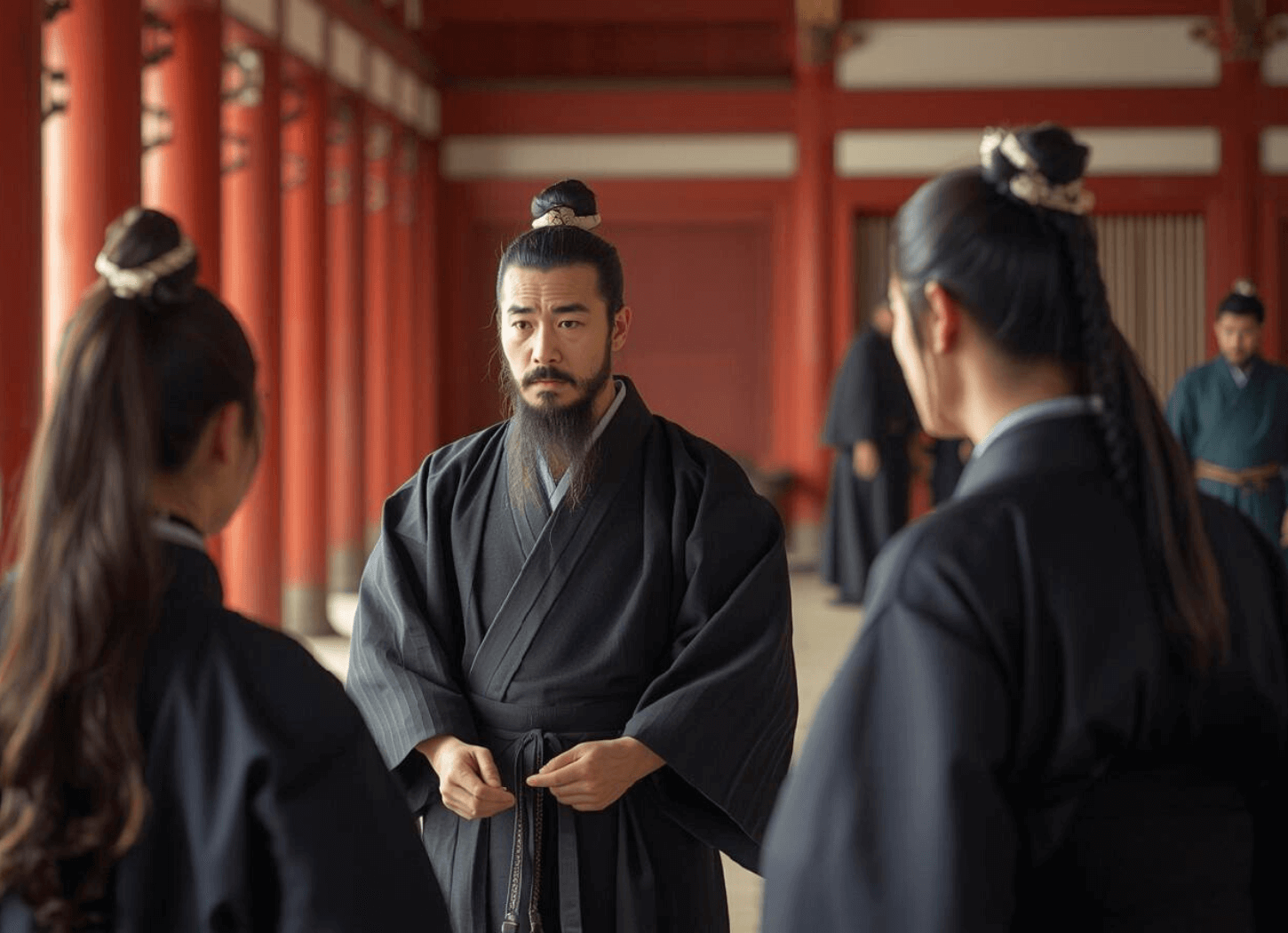 平安時代の朝廷で、アテルイとモレの処遇について話し合う貴族たちの想像図