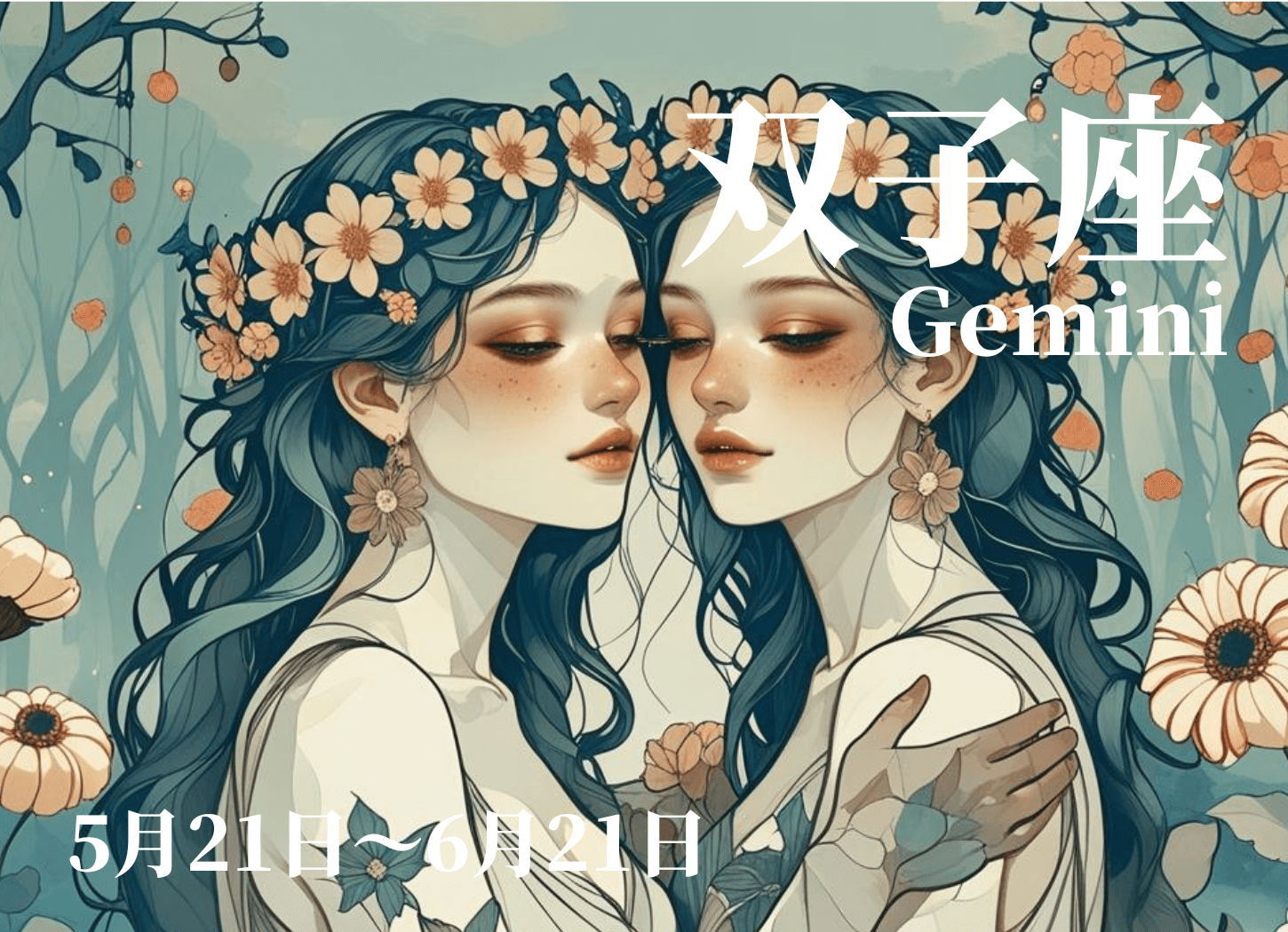 双子の女性たちが抱き合い、周囲に花が咲く双子座のイメージイラスト。星奈による作品。