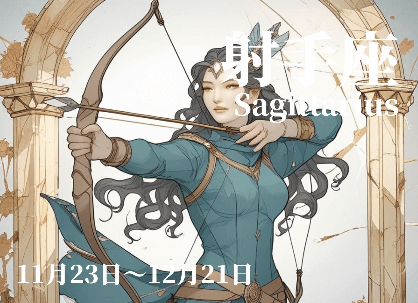 黒髪ウェーブの女性が弓矢を構え、古びた塔のアーチ型の出入り口の前に立つ、いて座のイメージイラスト。星奈による作品。