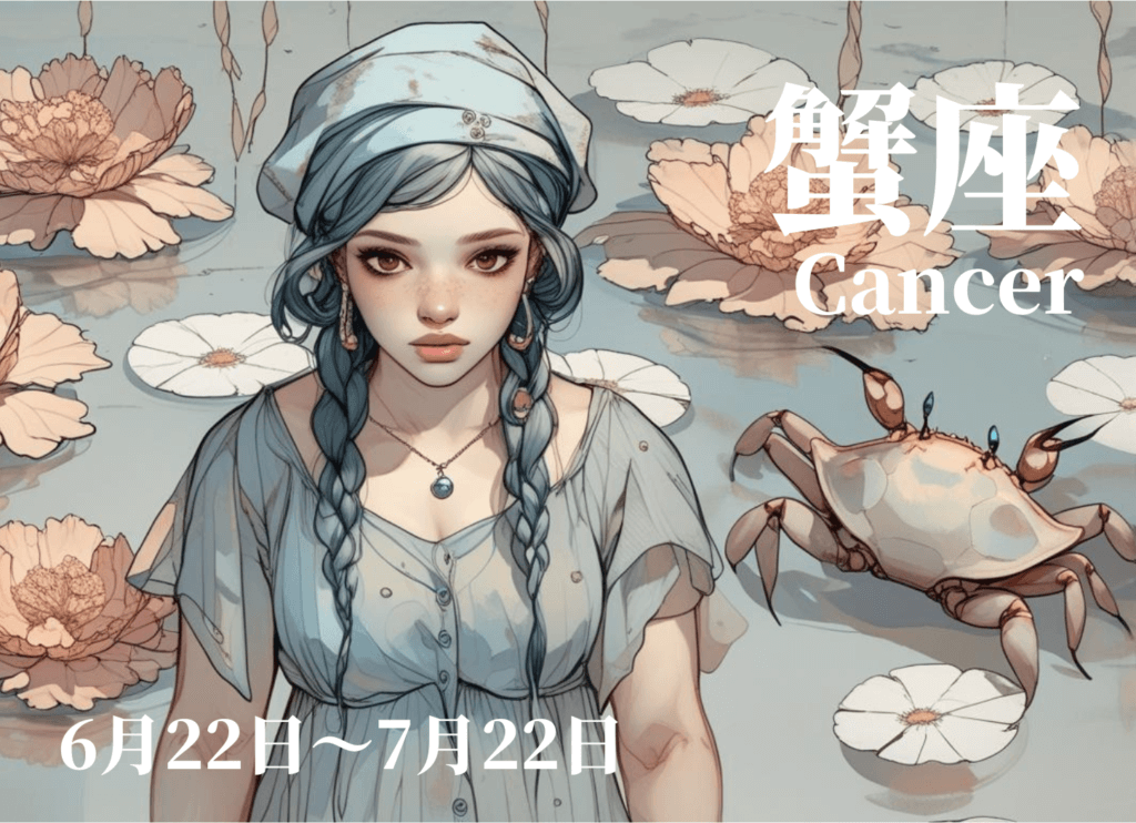 頭に布を巻いた三つ編みの女性の背後に水面が広がり、花が浮かぶ中に巨大なカニが描かれた、かに座のイメージイラスト。星奈による作品。
