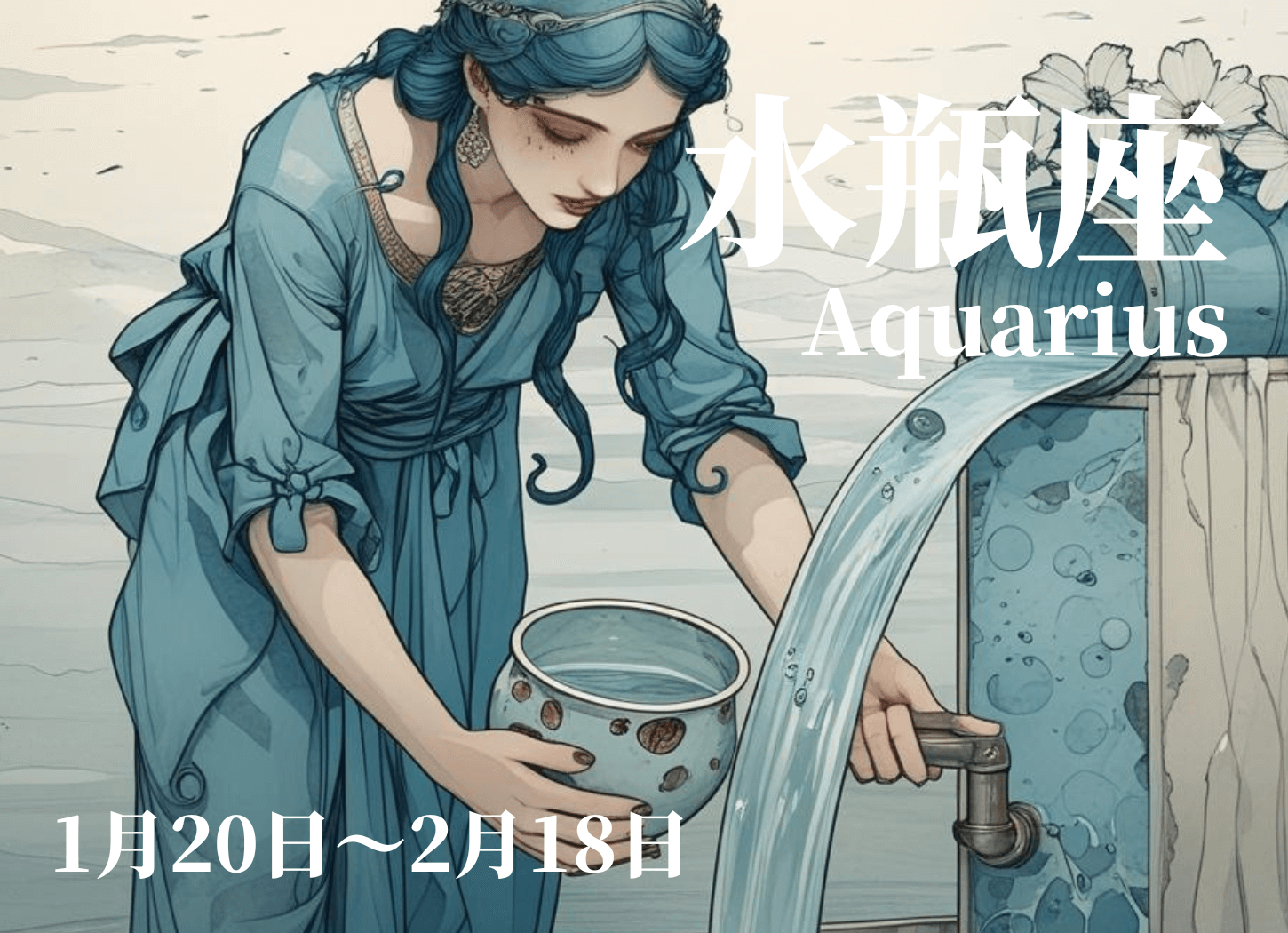 蛇口を捻り、花で飾られた筒から流れ出る水を屈んで壺に注ぐ女性が描かれた、みずがめ座のイメージイラスト。星奈による作品。