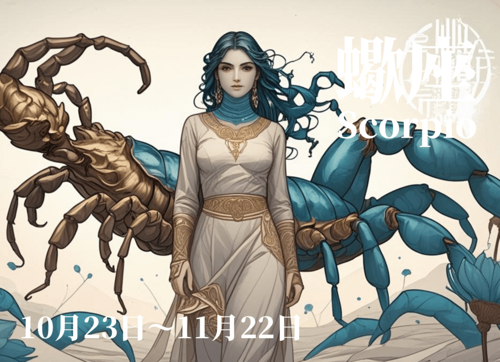 白いドレスにゴールドの装飾を施した女性が、ところどころに花が咲く砂漠に立ち、背後にゴールドの巨大な蠍が描かれた、さそり座のイメージイラスト。星奈による作品。
