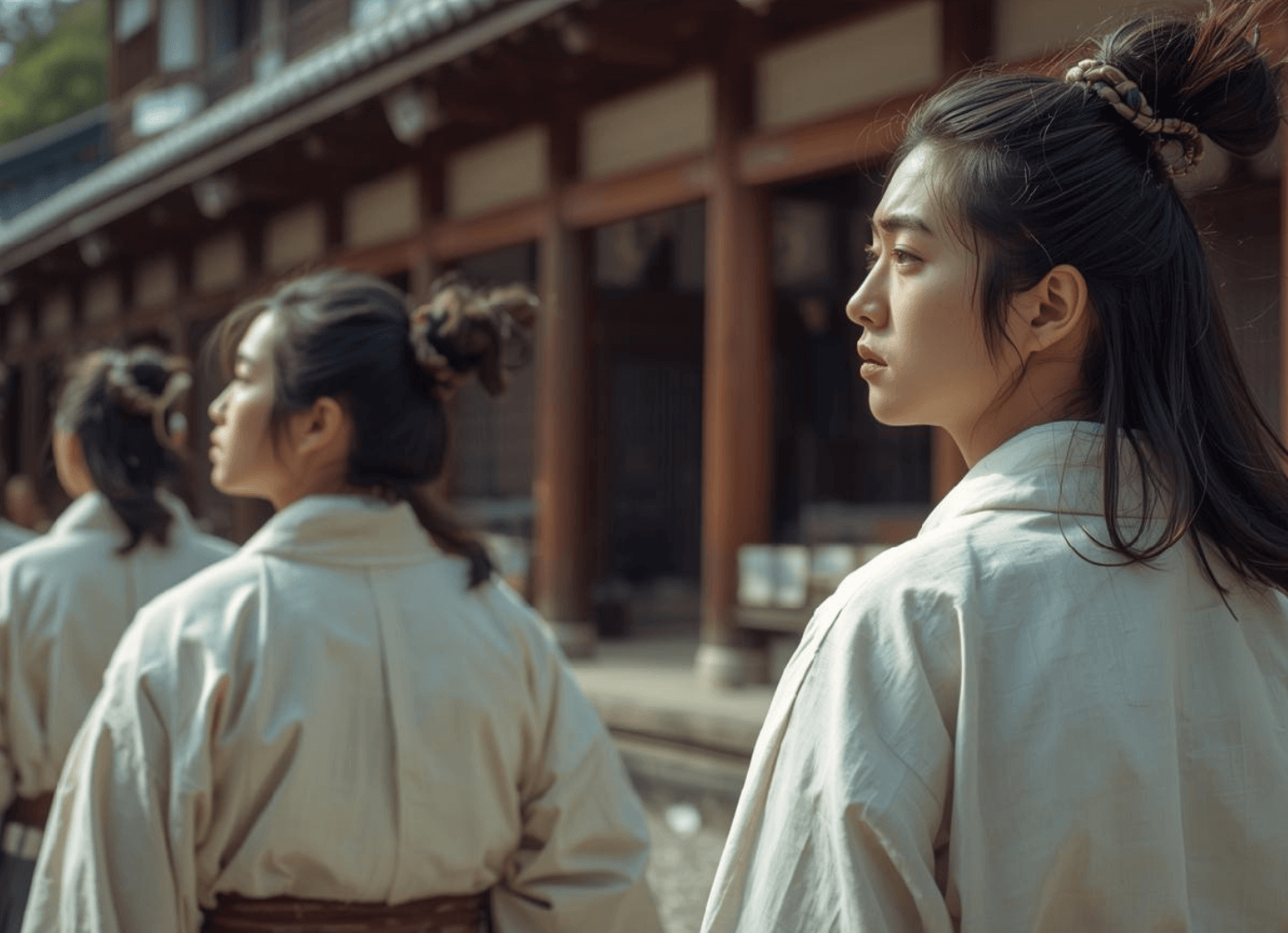 朱色の柱と障子のある朝廷の中庭で、薄いクリーム色の着物をまとい遠くを見つめる若い坂上田村麻呂の想像図