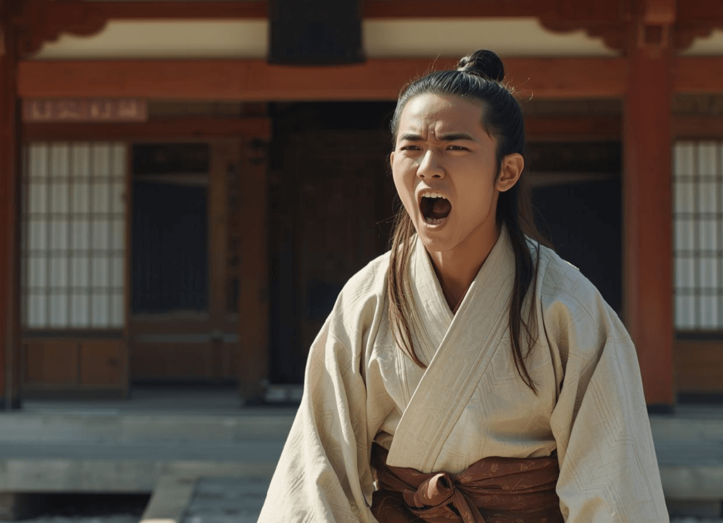 朱色の柱と障子のある朝廷の建物前で、アテルイとモレの処刑に反対し叫ぶ坂上田村麻呂を描いた想像図