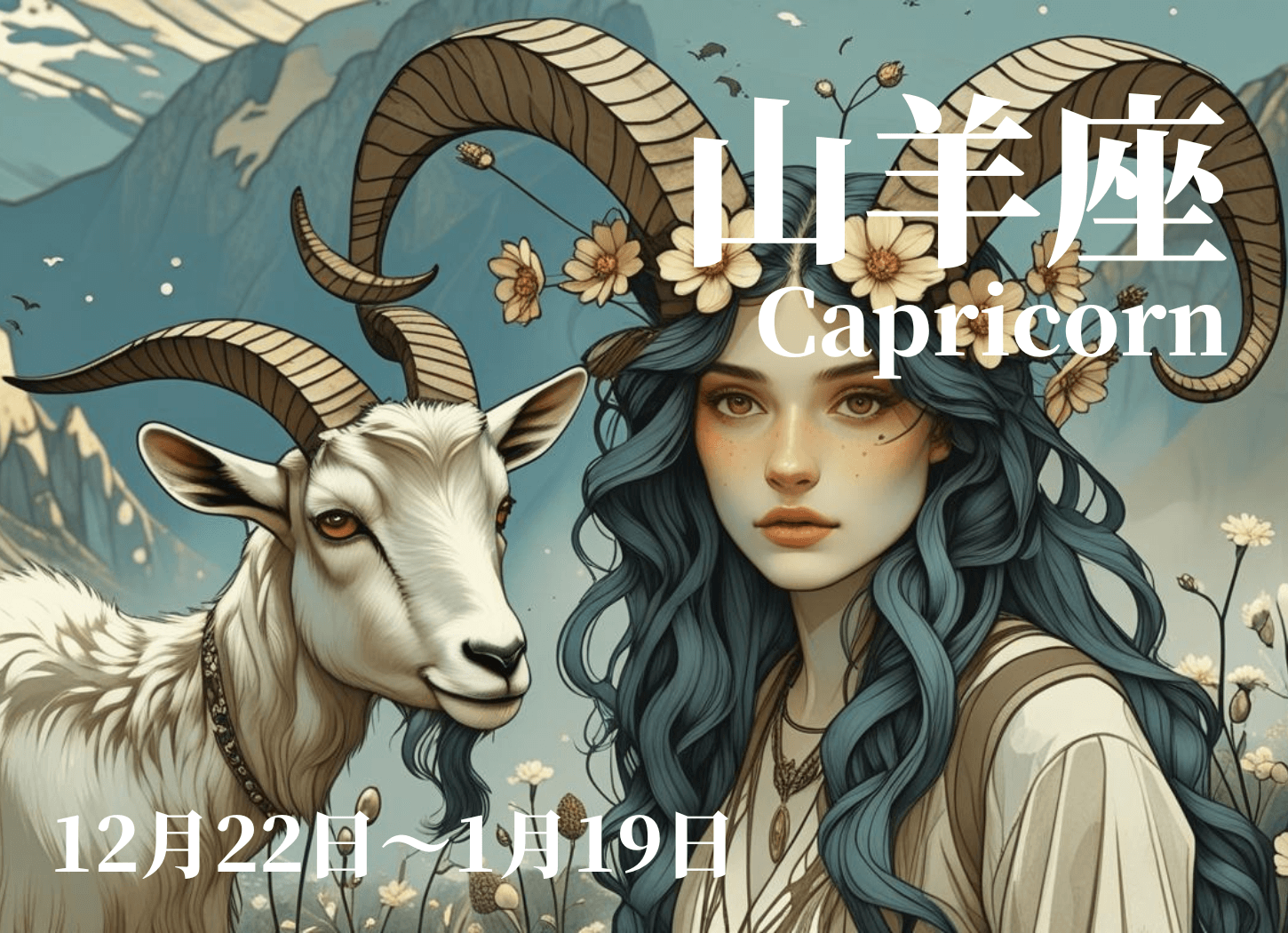 アルプスの山並みを背景に花が咲き、頭からヤギのツノが生えた女性とヤギが並んで描かれた、やぎ座のイメージイラスト。星奈による作品。