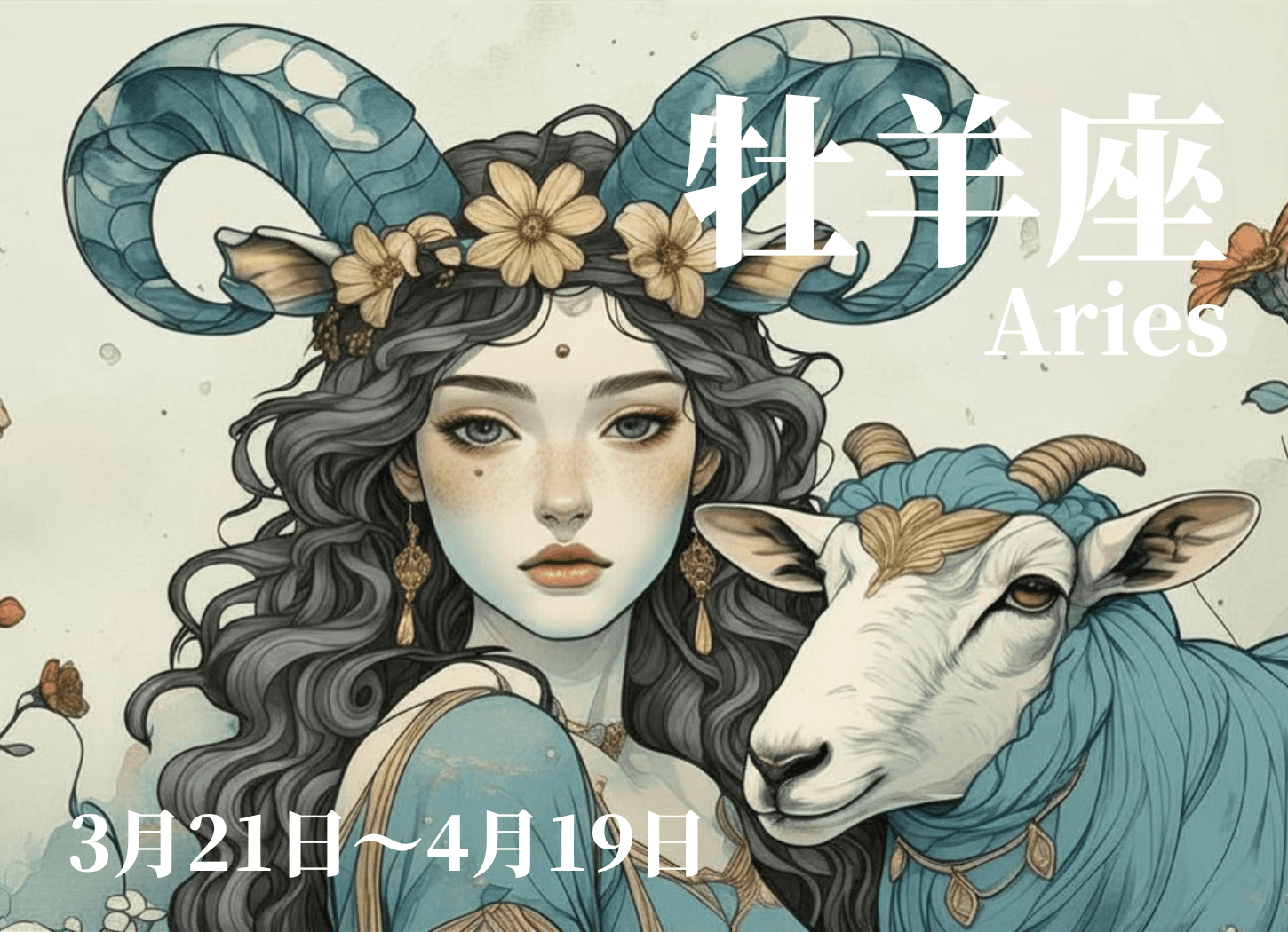 牡羊座の4月運勢イメージ。青い巻き角の女性と羊を描いた幻想的なイラスト