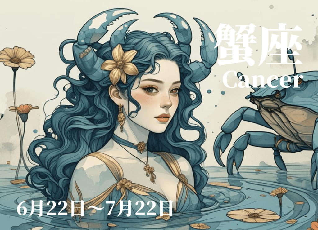 蟹座の4月運勢イメージ。水辺の女性と蟹を描いた幻想的なイラスト