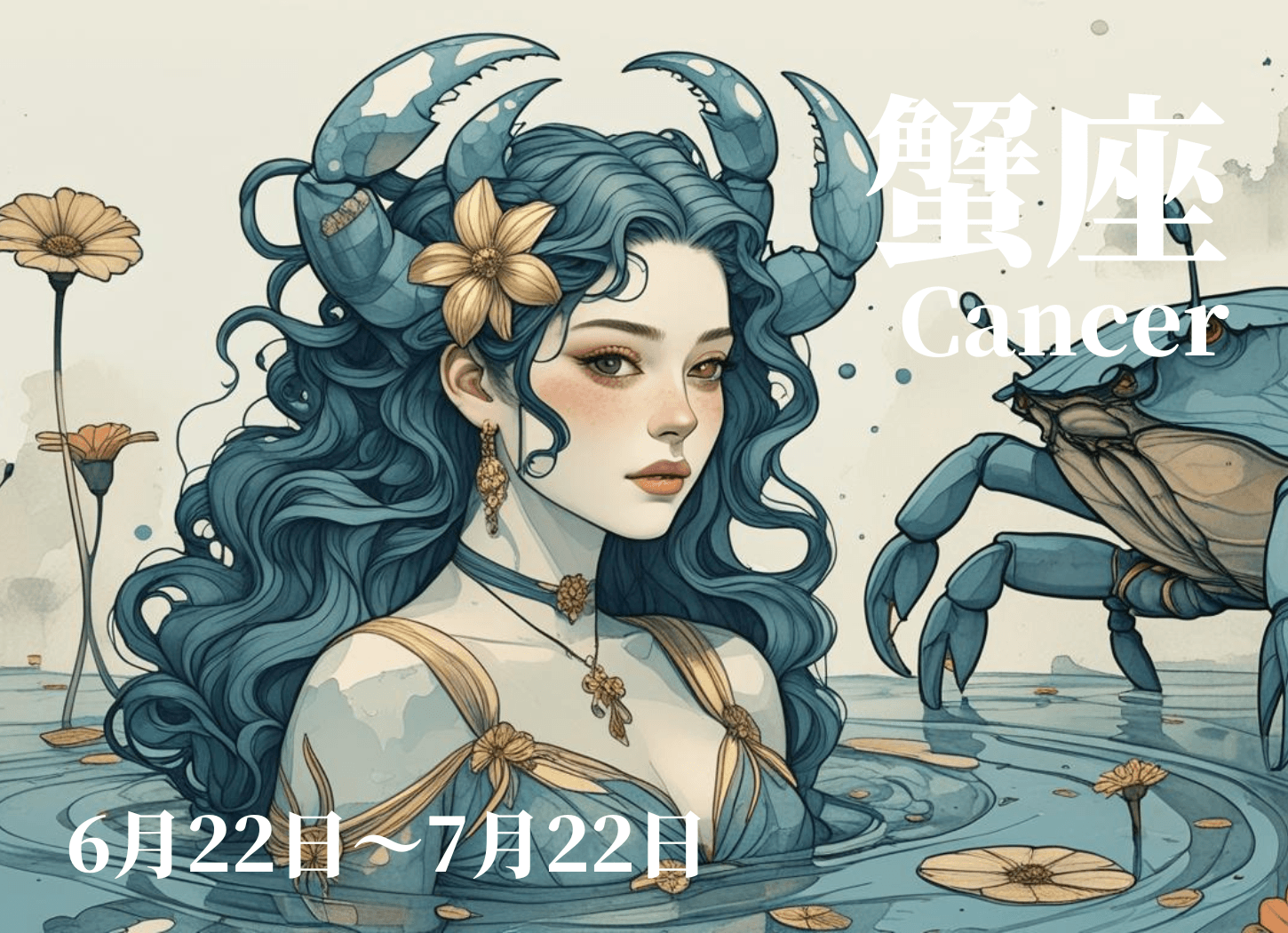 蟹座の4月運勢イメージ。水辺の女性と蟹を描いた幻想的なイラスト