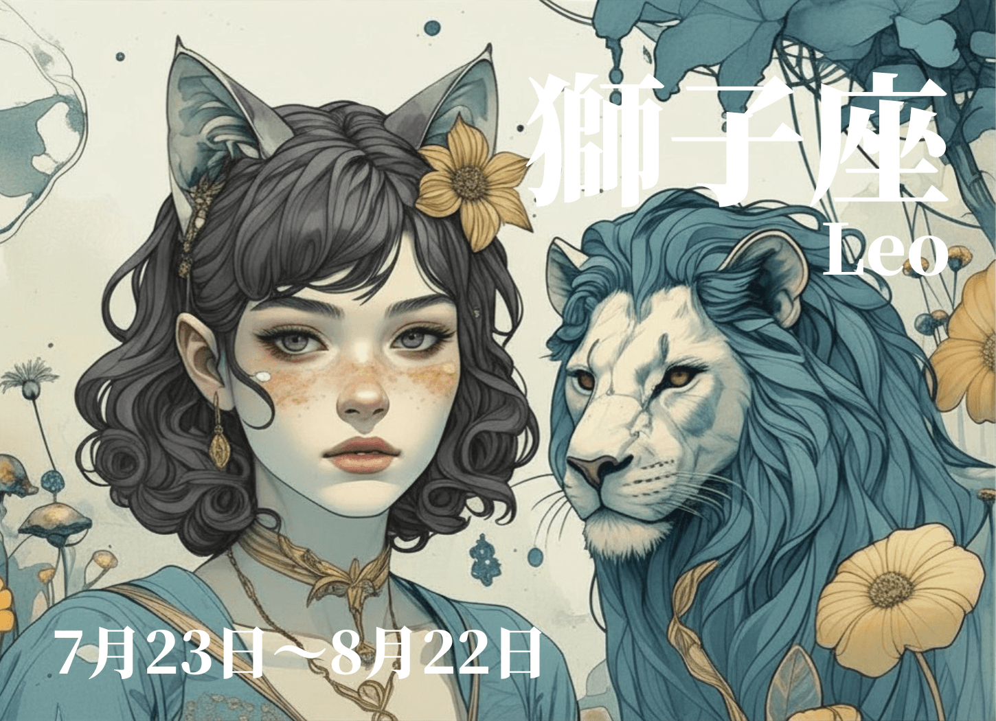 獅子座の4月運勢イメージ。猫耳のような飾りを付けた女性とライオンを描いたイラスト