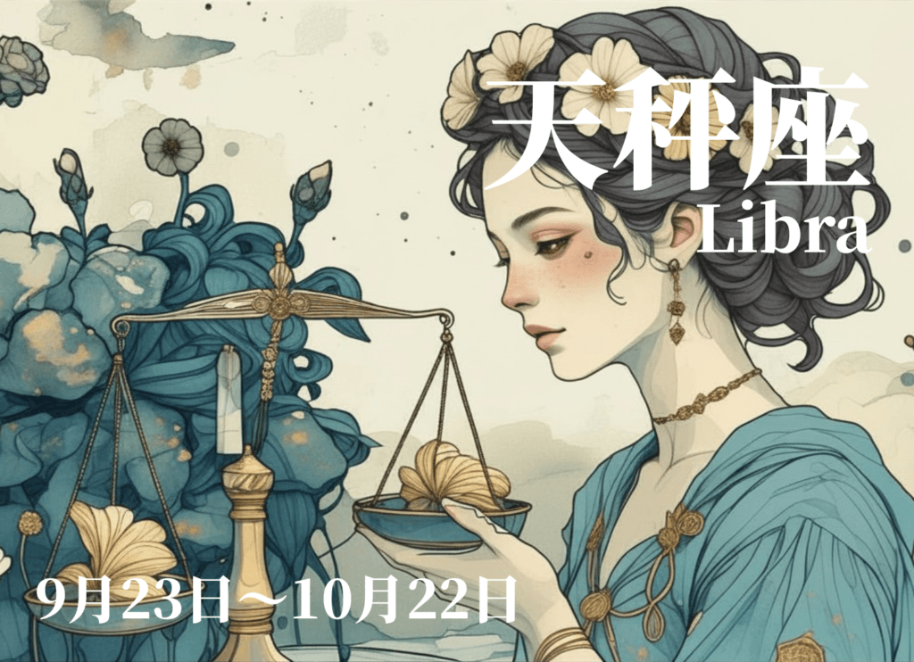 天秤座の4月運勢イメージ。天秤を手にした女性を描いた幻想的なイラスト