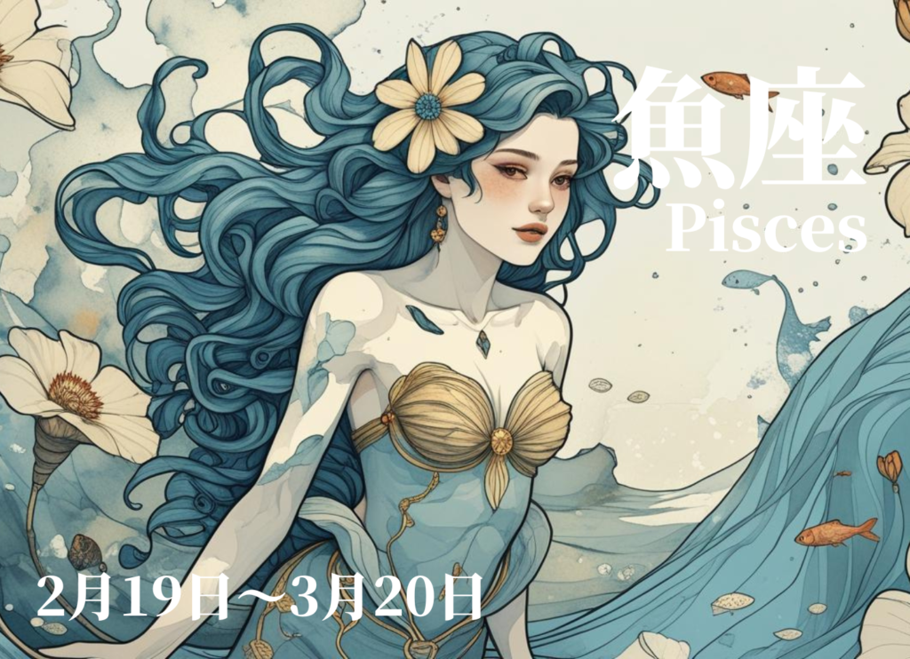 魚座の4月運勢イメージ。水と花に包まれた女性を描いた幻想的なイラスト