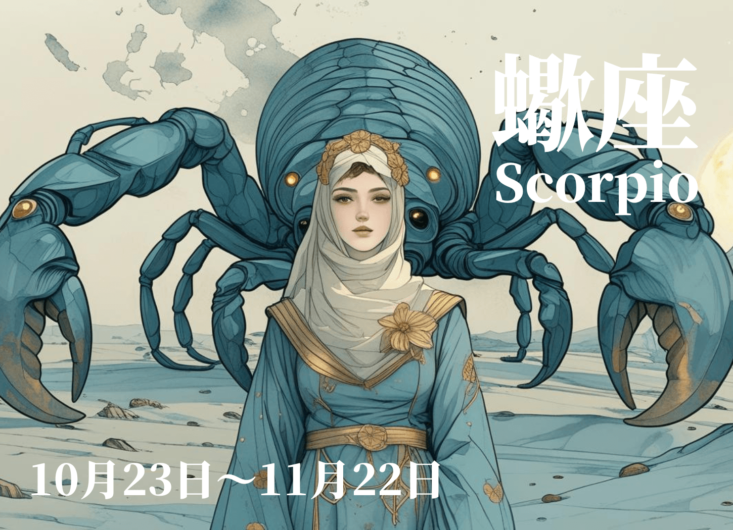 蠍座の4月運勢イメージ。大きな蠍を背にした女性を描いた幻想的なイラスト