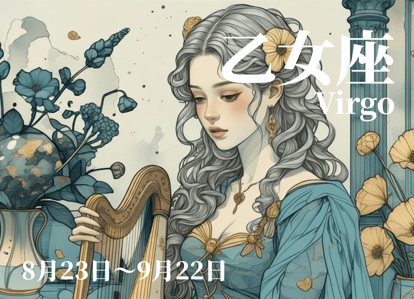 乙女座の4月運勢イメージ。ハープを手にした女性を描いた静かなイラスト